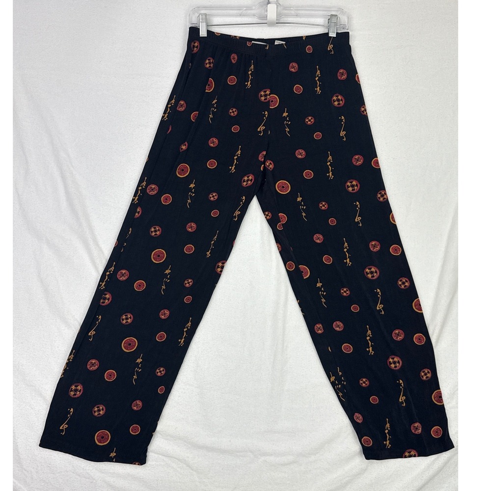 Chicos Travelers Pants Size 1 Asian Print Elastic Waist Black Casual Pull‎ On
